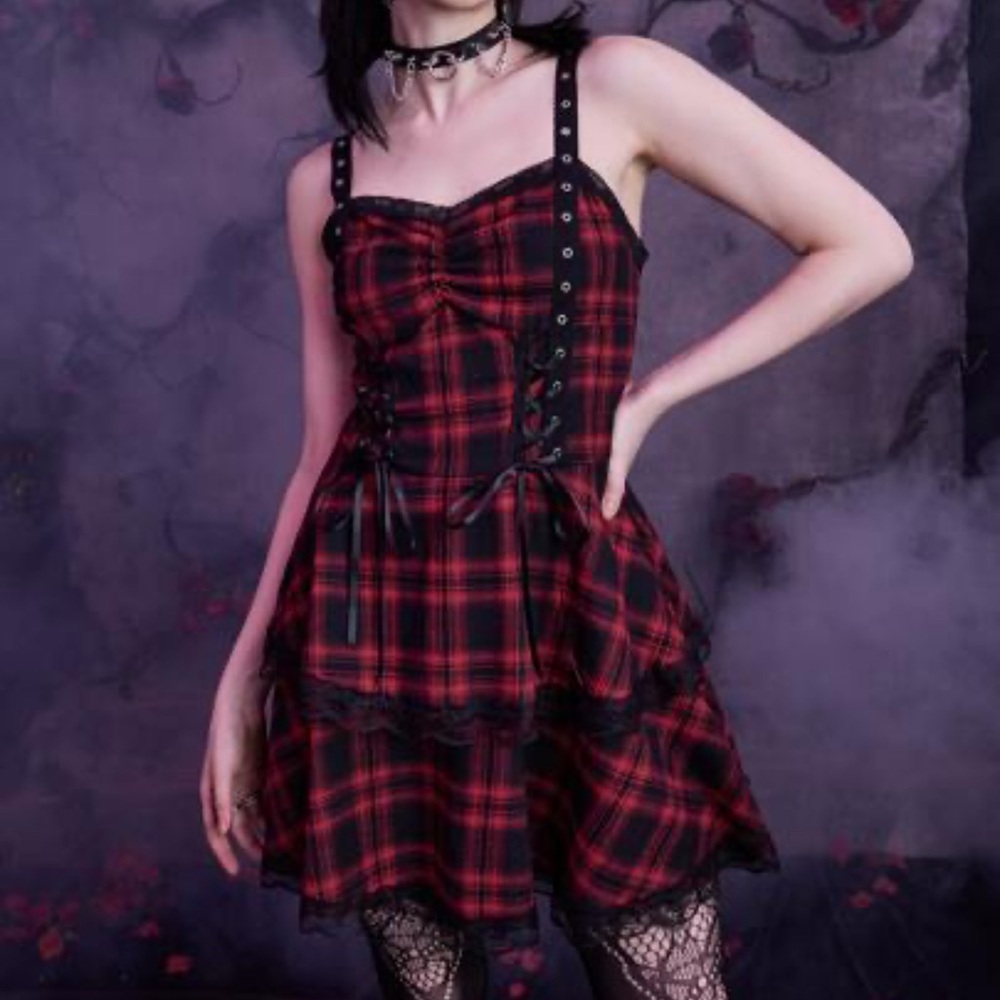 Red and Black Plaid lace up Dress size M
